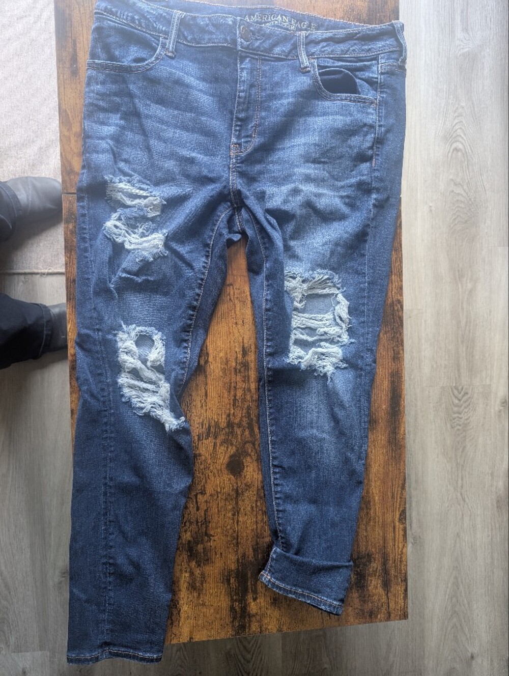 Distressed Blue Denim Jeans - Ripped Knee Detail